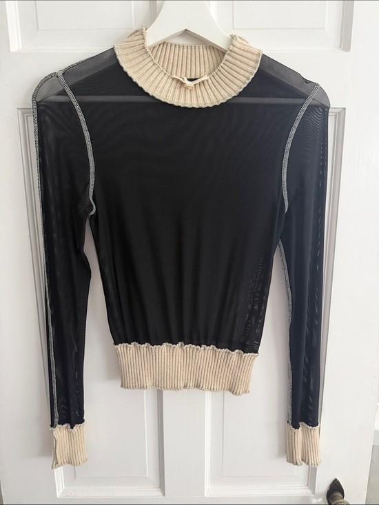 Gilded Intent Tops - Gilded Intent Black Mesh Long-Sleeve Top with Cream Ribbed Trim